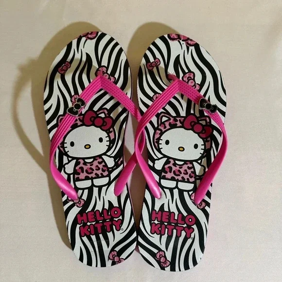 Sanrio Hello Kitty flip flops zebra print with bow detail - Picture 1 of 5